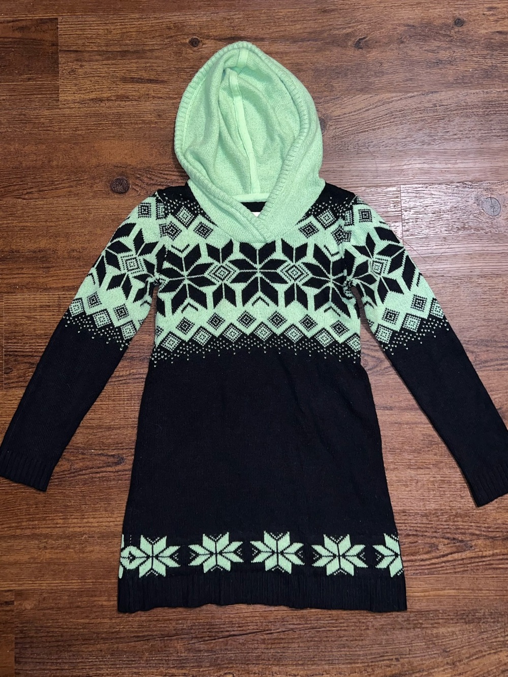Justice Black Sparkly Green Fair Isle Snowflake Hooded Sweater Dress Size 14